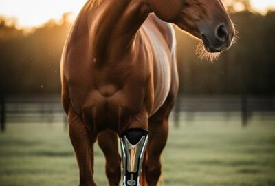 Injured thoroughbred racehorse standing peacefully in a green sanctuary paddock