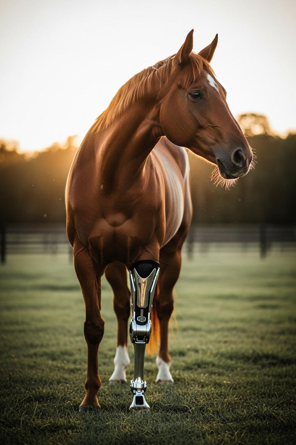 Injured thoroughbred racehorse standing peacefully in a green sanctuary paddock