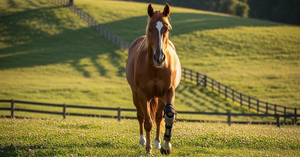 Close-up of a custom prosthetic leg fitted on a rehabilitated horse in sunlight