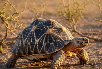 Radiated tortoise walking slowly across cracked dry earth in southern Madagascar