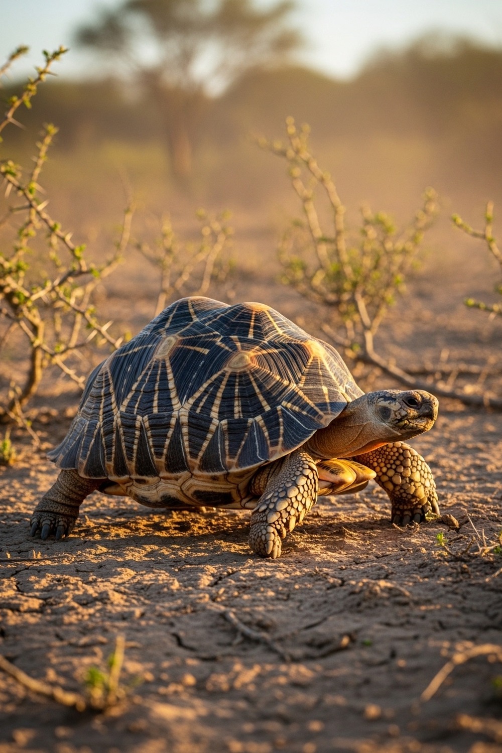Radiated tortoise walking slowly across cracked dry earth in southern Madagascar
