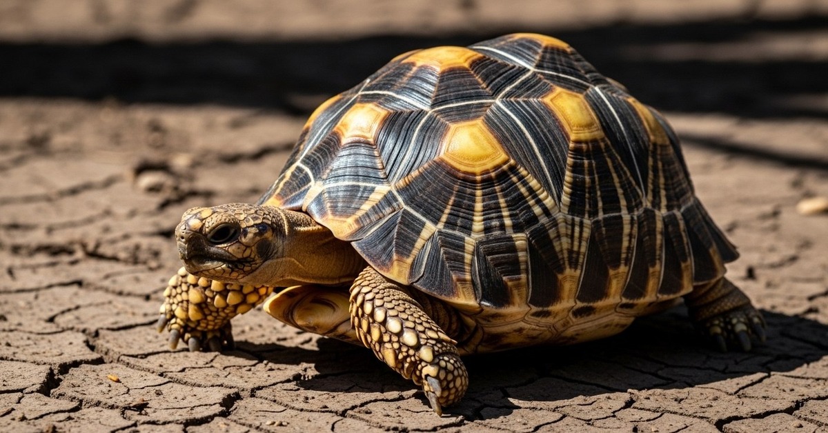 Close-up of radiated tortoise shell showing vivid yellow sunburst geometric pattern