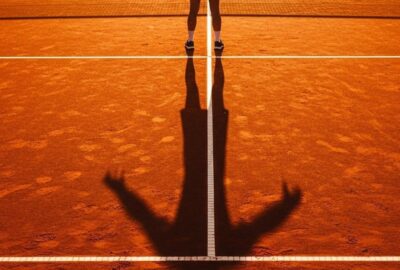 A lone tennis player's shadow stretches across sun-drenched red clay court at dusk