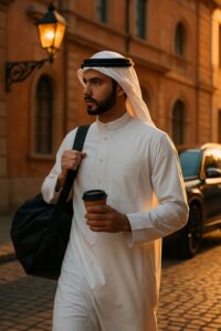 Young Middle Eastern man in white thobe walks cobblestone street near black Range Rover in golden light