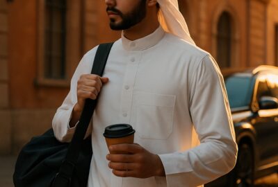 Young Middle Eastern man in white thobe walks cobblestone street near black Range Rover in golden light