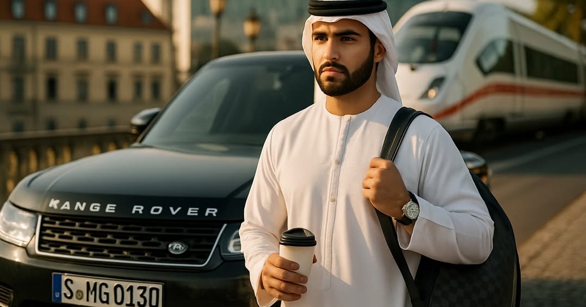 Man in traditional white thobe with coffee cup pauses beside ICE train on European street at dusk