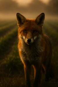 Wild red fox vixen standing at the edge of a green English farm field at dusk