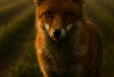 Wild red fox vixen standing at the edge of a green English farm field at dusk
