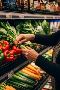 A woman carefully selects fresh vegetables from a brightly lit supermarket aisle at a free food hub in Regina, Saskatchewan