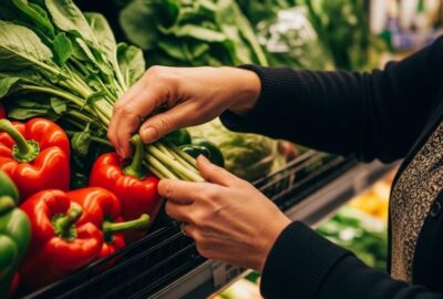 A woman carefully selects fresh vegetables from a brightly lit supermarket aisle at a free food hub in Regina, Saskatchewan