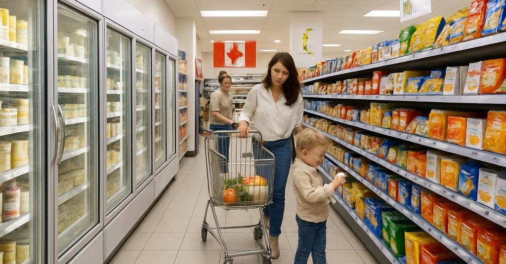 Families browse refrigerated shelves stocked with free groceries inside Regina
