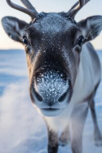 Close-up of a reindeer exhaling steam in a frozen Arctic tundra landscape