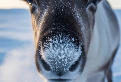 Close-up of a reindeer exhaling steam in a frozen Arctic tundra landscape