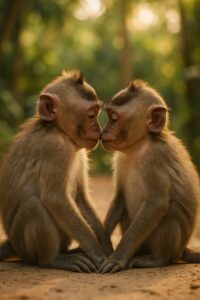 Two juvenile macaques touching noses in a tender bonding moment at a sanctuary