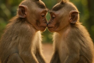 Two juvenile macaques touching noses in a tender bonding moment at a sanctuary