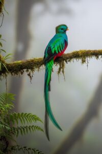 Male resplendent quetzal perched in misty cloud forest showing emerald tail feathers