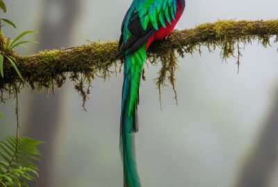 Male resplendent quetzal perched in misty cloud forest showing emerald tail feathers