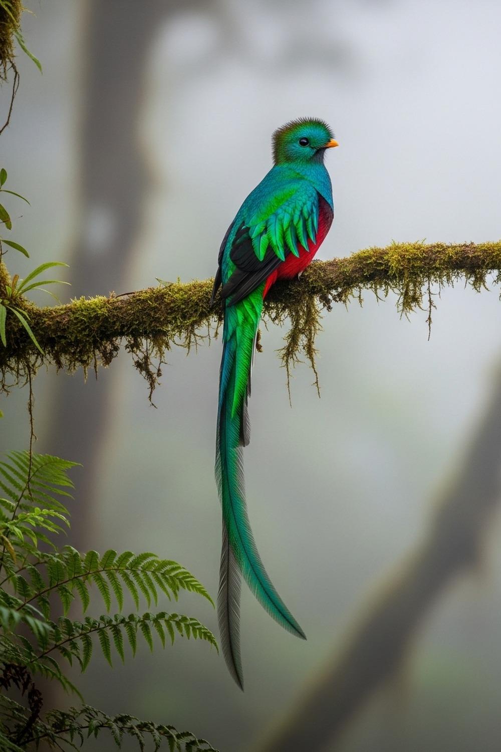 Male resplendent quetzal perched in misty cloud forest showing emerald tail feathers