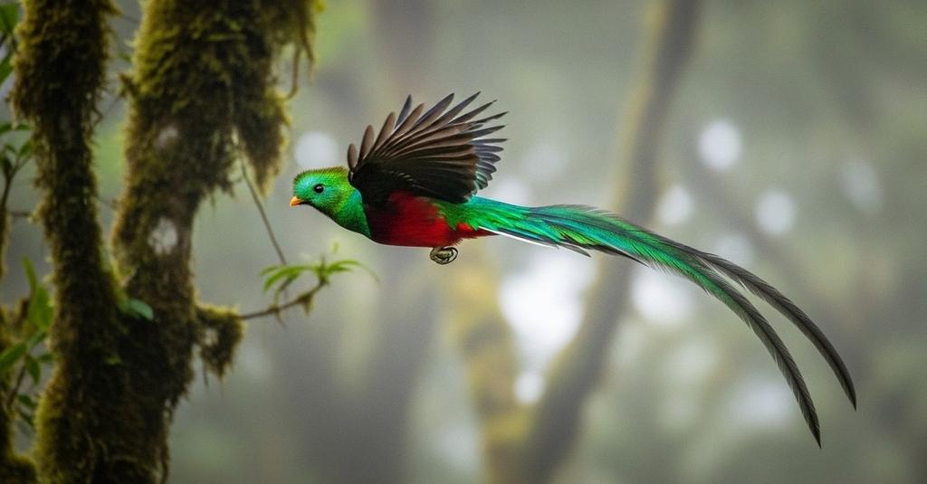 Close-up of resplendent quetzal crimson belly and iridescent green plumage in Guatemala