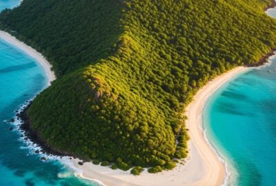 Aerial view of Necker Island surrounded by turquoise Caribbean waters and lush greenery
