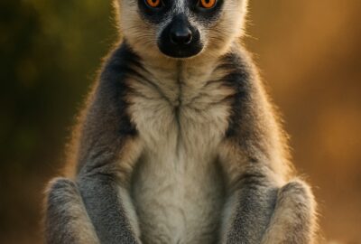 Ring-tailed lemur sitting upright in Buddha pose with vivid amber eyes staring into camera