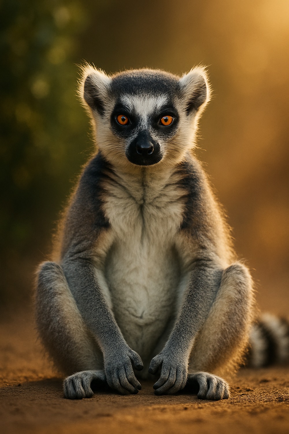 Ring-tailed lemur sitting upright in Buddha pose with vivid amber eyes staring into camera
