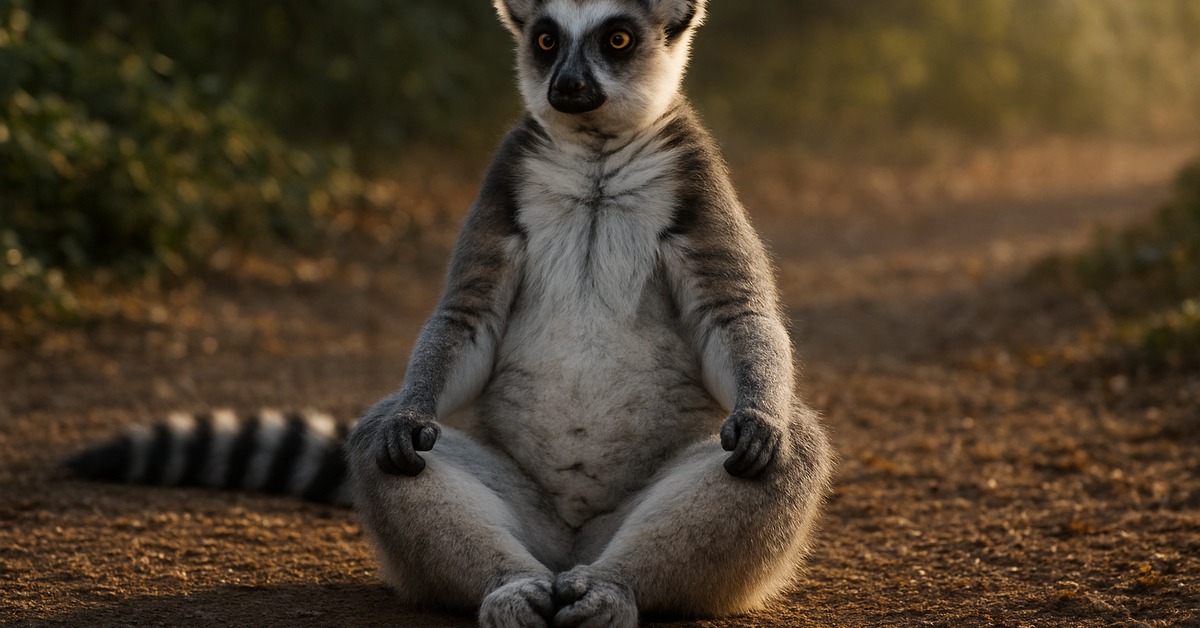 Ring-tailed lemur perched on bare branch arms outstretched soaking in golden morning sunlight