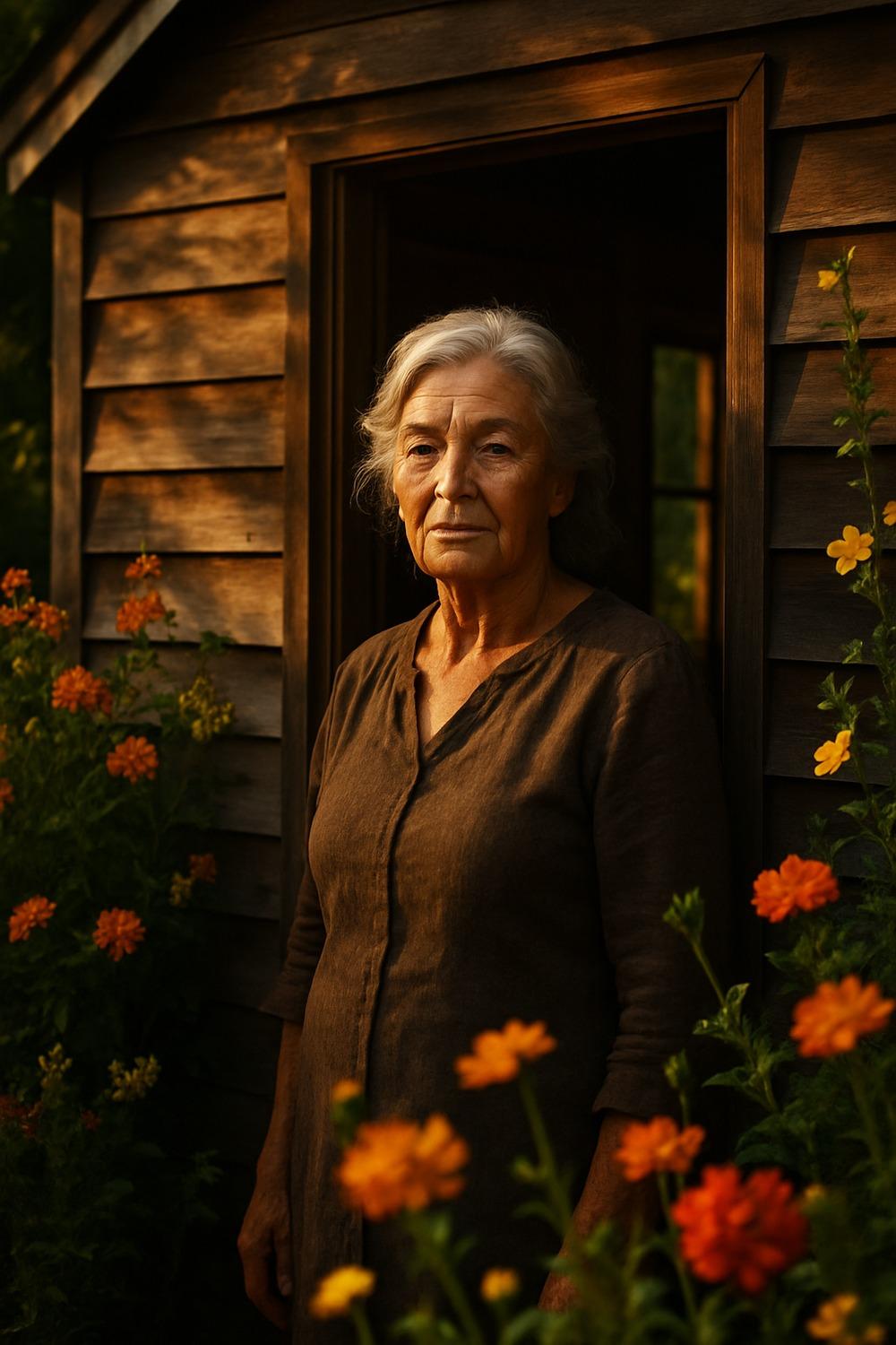 Older woman standing proudly outside a small charming tiny home surrounded by garden beds