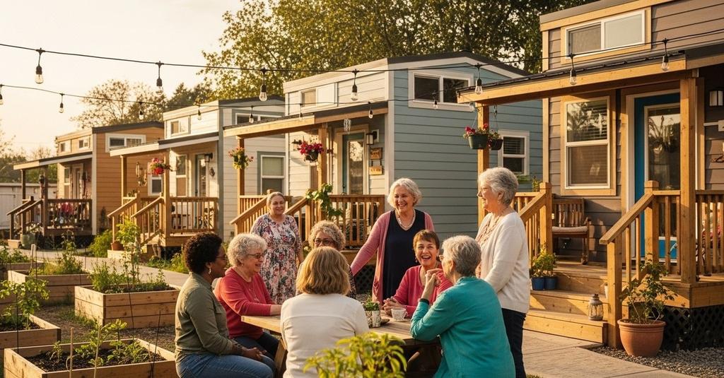 Two older women sharing conversation on a tiny home front porch at golden hour