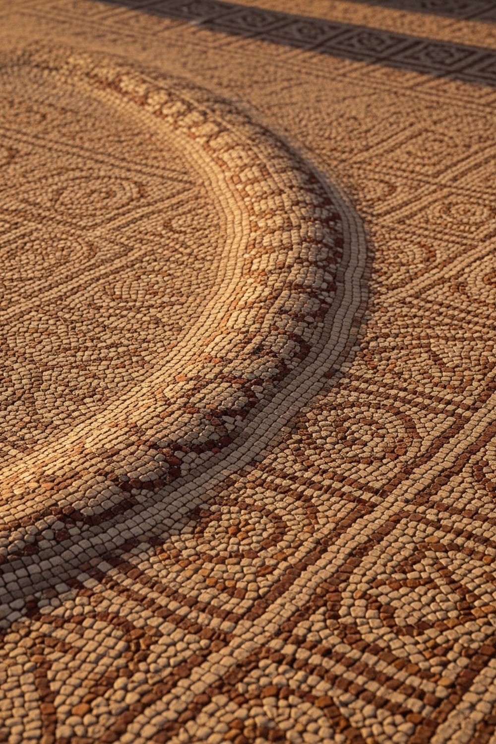 Ancient Roman mosaic floor with subtle seismic ripple visible across geometric marble tesserae