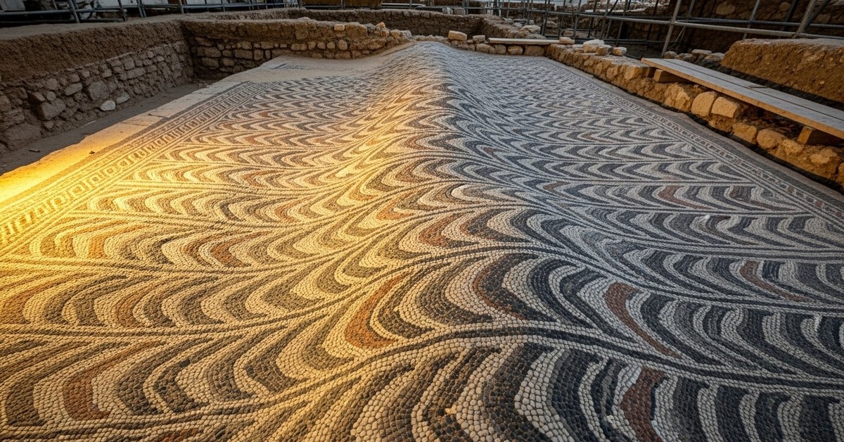 Close-up of colorful Roman tesserae arranged in geometric patterns on a villa floor in Turkey