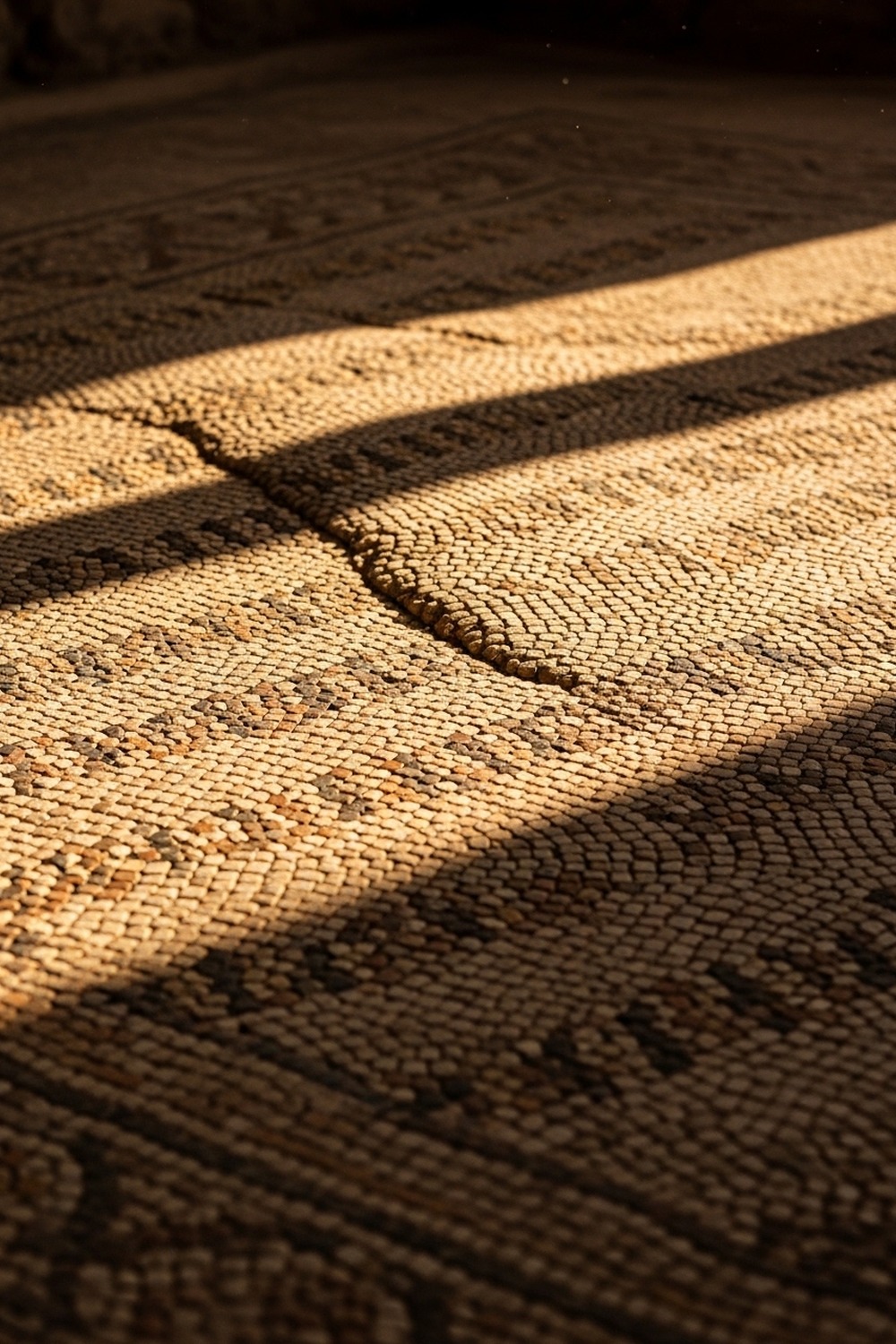 Ancient Roman mosaic floor showing a subtle seismic ripple across geometric marble tesserae