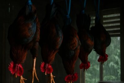 Fighting cocks hanging upside down from wooden ceiling beams during a typhoon in the Philippines