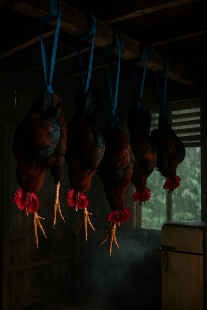 Fighting cocks hanging upside down from wooden ceiling beams during a typhoon in the Philippines