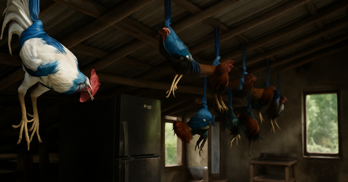Close-up of roosters suspended by blue cloth from timber rafters in a dim rural farmhouse