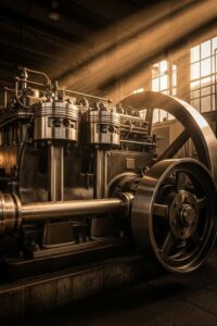 Vintage 1897 diesel engine prototype in a dimly lit industrial workshop, dramatic lighting