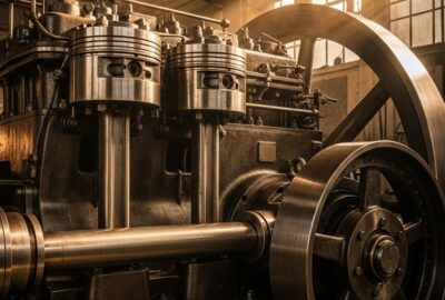 Vintage 1897 diesel engine prototype in a dimly lit industrial workshop, dramatic lighting
