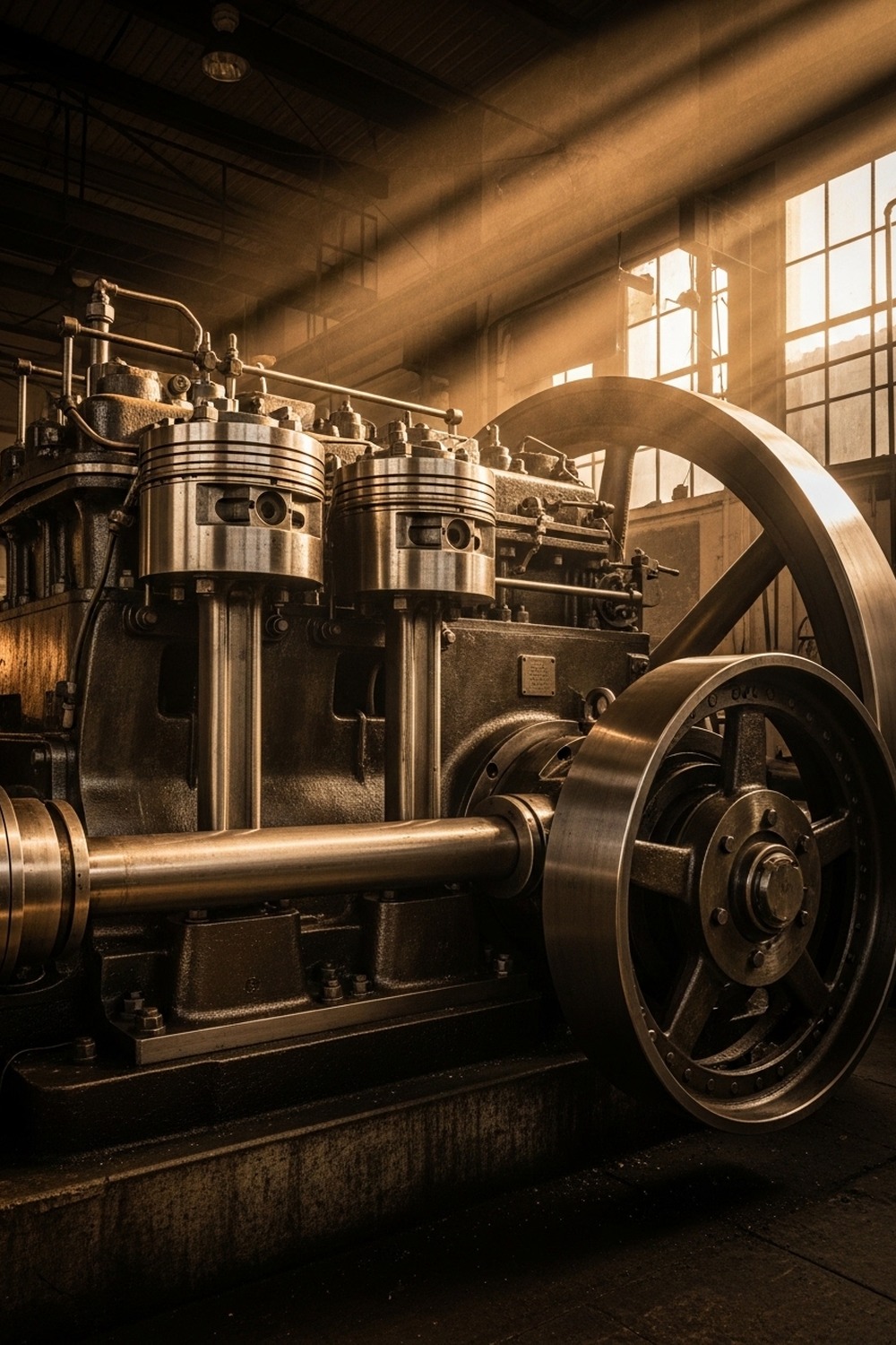 Vintage 1897 diesel engine prototype in a dimly lit industrial workshop, dramatic lighting