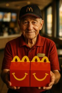 McDonald's employee holding two Happy Meal boxes in a warmly lit restaurant dining area