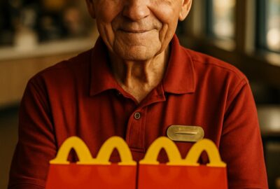 McDonald's employee holding two Happy Meal boxes in a warmly lit restaurant dining area