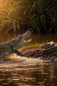 Massive saltwater crocodile confronting a giant scrub python in flooded Australian wetlands