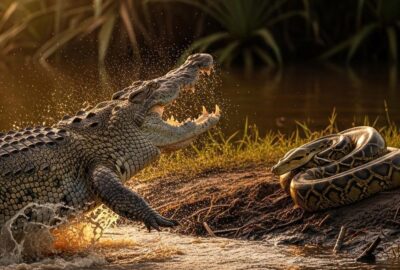 Massive saltwater crocodile confronting a giant scrub python in flooded Australian wetlands