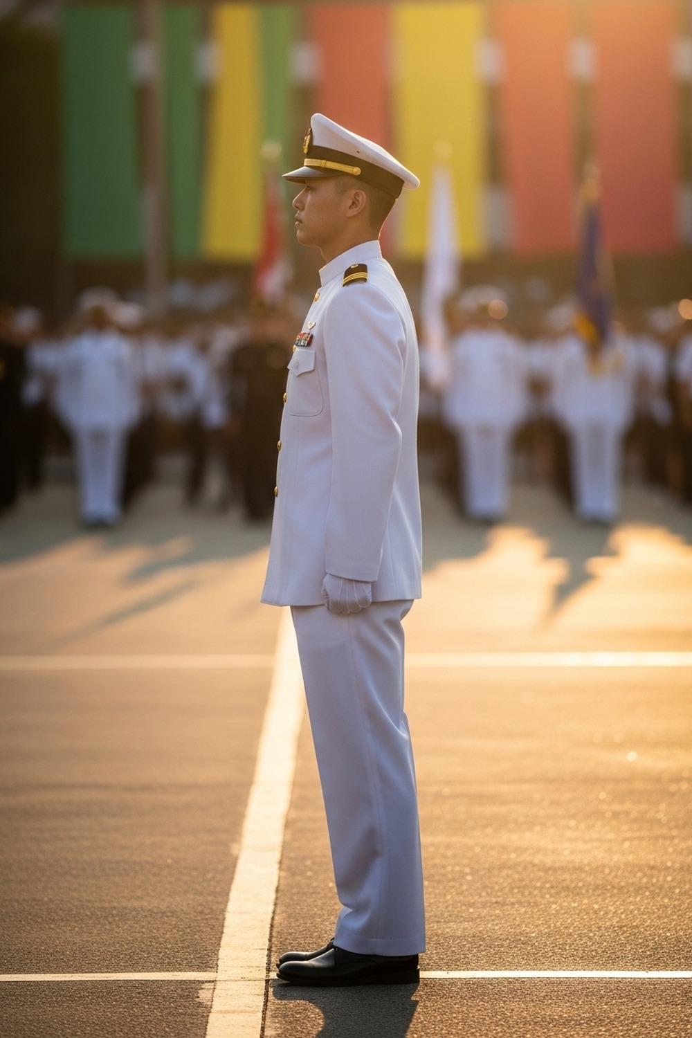 Young naval officer in white dress uniform standing at attention during commissioning ceremony