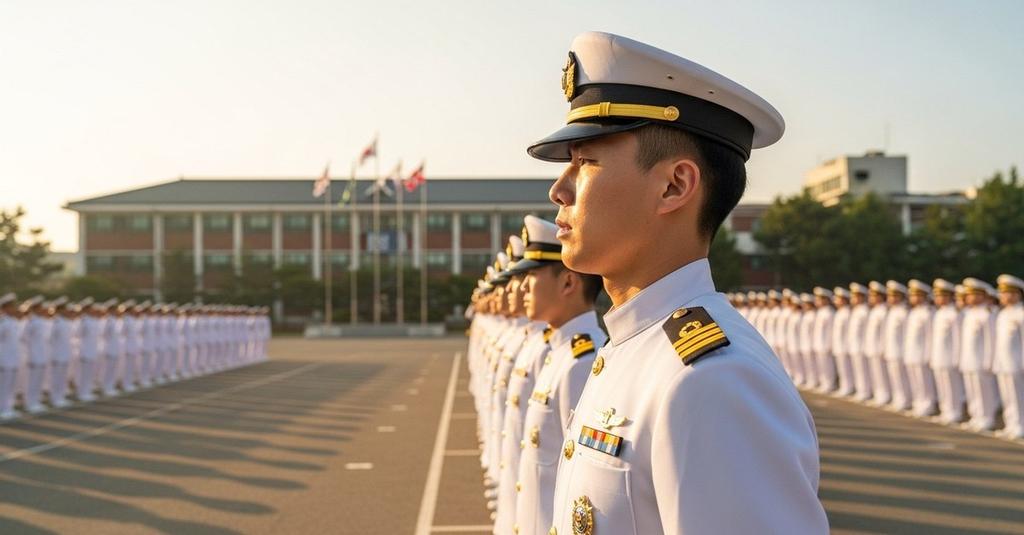 South Korean Naval Academy graduation ceremony with officers in formation at dusk