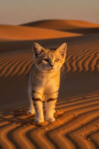 A sand cat with thick fur-padded paws standing on golden Sahara desert dunes