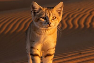A sand cat with thick fur-padded paws standing on golden Sahara desert dunes