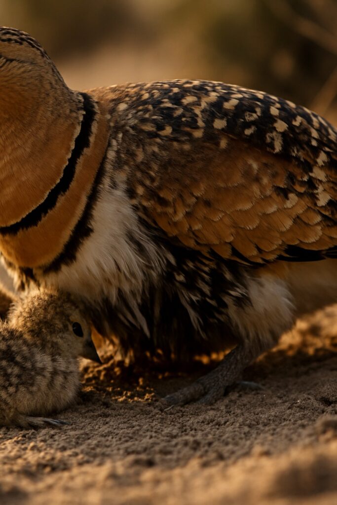 Adult Pin-tailed Sandgrouse brooding two fluffy chicks on warm desert sand at golden hour