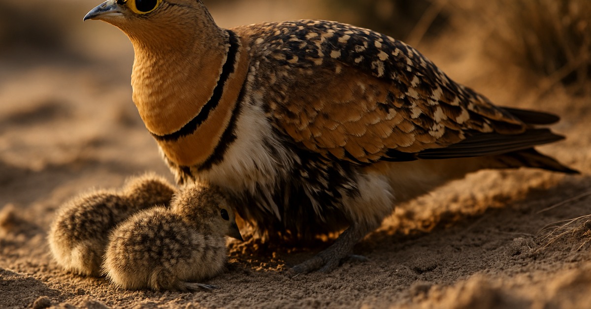 Male sandgrouse wading in shallow waterhole soaking belly feathers at desert dawn
