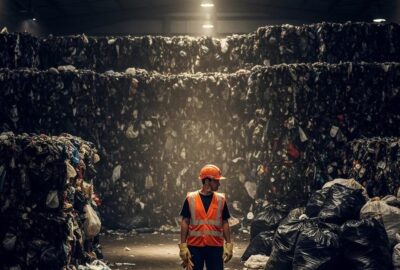 Sanitation worker in orange vest sorting through bags at a waste transfer station