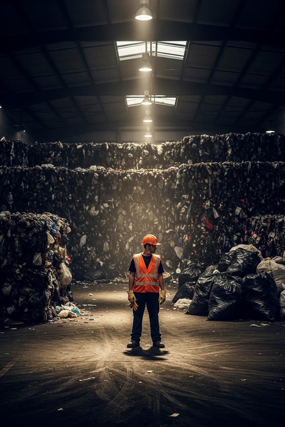Sanitation worker in orange vest sorting through bags at a waste transfer station